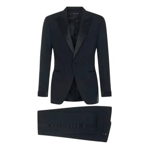Tom Ford , Black Single Breasted Suit with Silk Satin Insert ,Black male, Sizes: