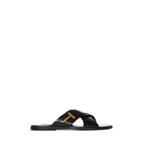Tom Ford , Black Slip-on Sandals with Golden T Hardware ,Black male, Sizes: