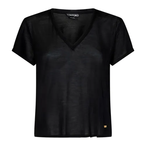 Tom Ford , Black V-neck Silk T-shirts and Polos ,Black female, Sizes: