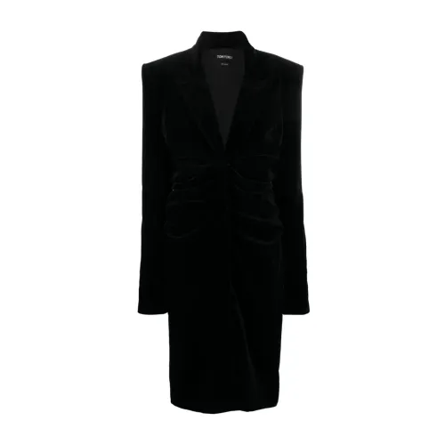 Tom Ford , Black Velvet Midi Dress with Padded Shoulders and Zip-Up Sleeves ,Black female, Sizes: