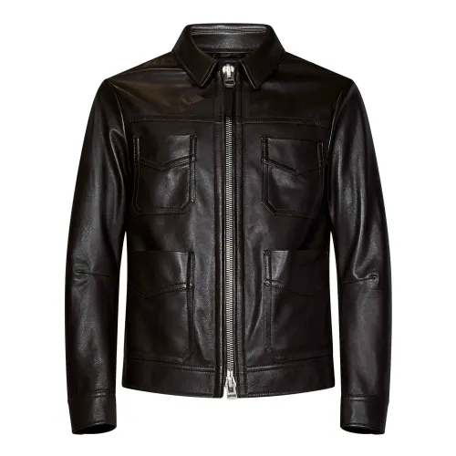 Tom Ford , Brown Leather Coat with Signature Zip Closure ,Brown male, Sizes: