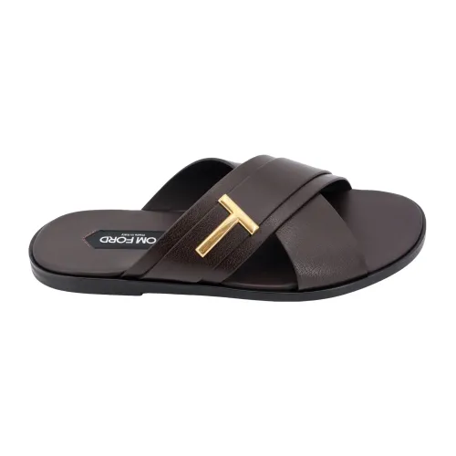 Tom Ford , Brown Leather Sandals with Metal Monogram ,Brown male, Sizes: