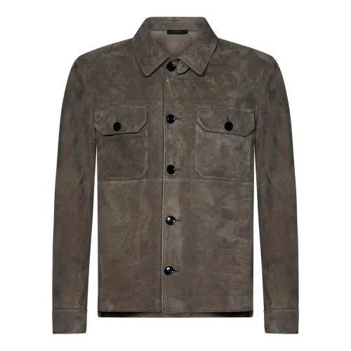 Tom Ford , Grey Lambskin Coat with Buttoned Flap Pockets ,Gray male, Sizes: