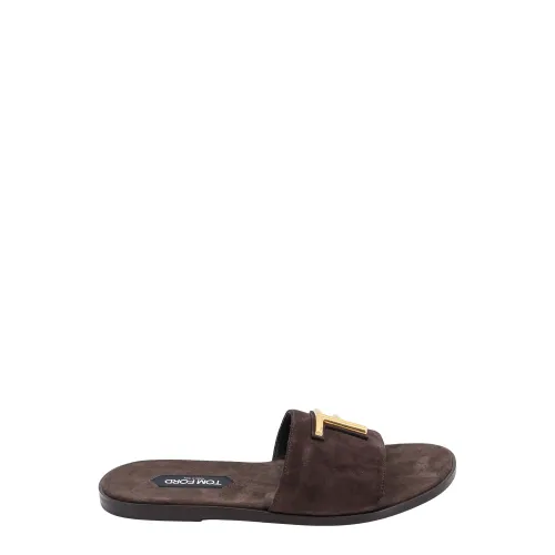 Tom Ford , Suede Sandals with Metal Monogram ,Brown male, Sizes: