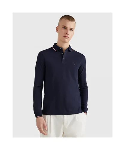 Tommy Hilfiger 1985 R/W/B Tipped Long Sleeve Mens Slim Fit Polo - Blue Cotton