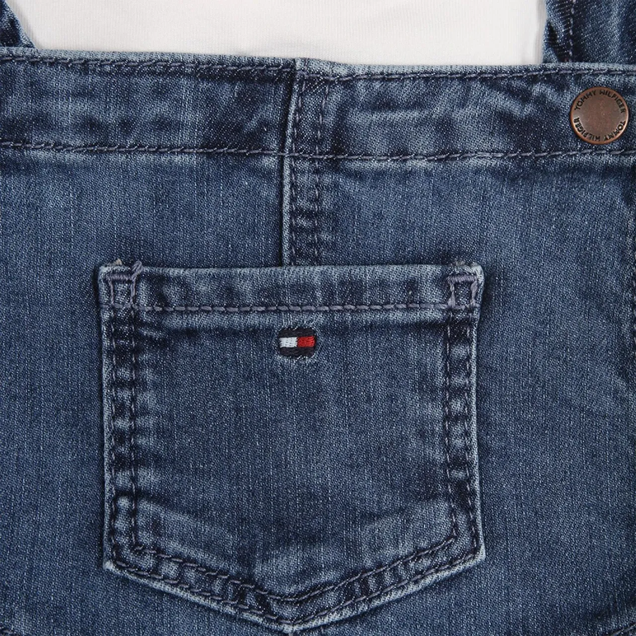 Tommy Hilfiger , Denim Dungarees with Iconic Flag Embroidery ,Blue unisex, Sizes: