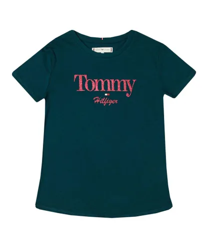 Tommy Hilfiger Girls Girl's Junior Glitter Logo T-Shirt in Petrol - Blue Cotton