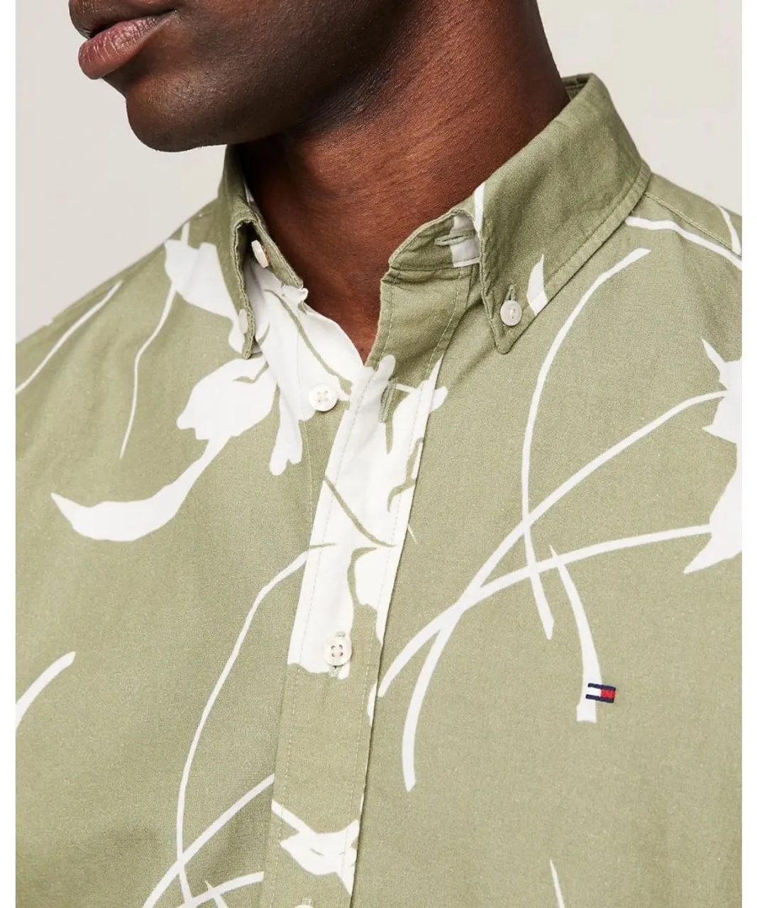 Tommy Hilfiger Large Tropical Print Mens Shirt - Olive