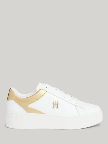 Tommy Hilfiger Leather Lace-Up Platform Trainers, White/Gold - White/Gold - Female