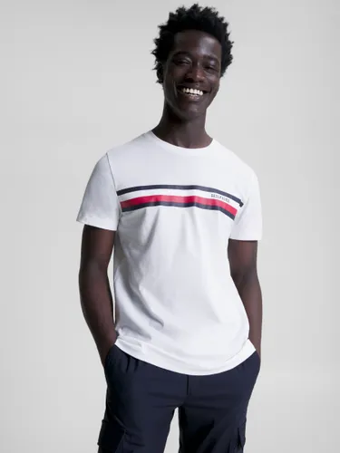 Tommy Hilfiger Logo Embroidered Stripe Organic Cotton T-Shirt - White - Male
