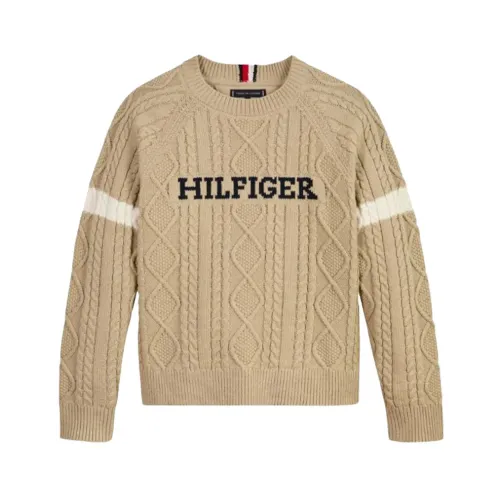 Tommy Hilfiger , Long Sleeve Knitted Sweater with Contrast Stripe ,Beige male, Sizes: