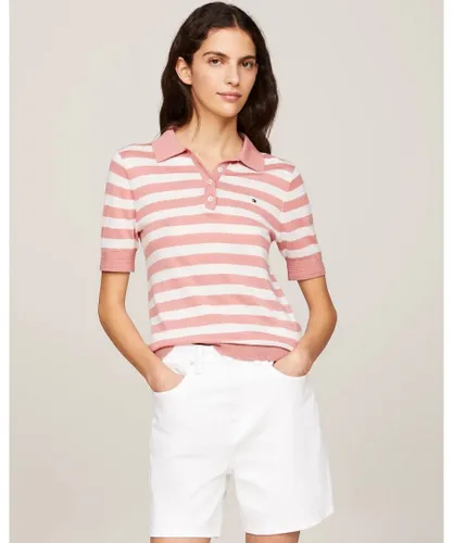 Tommy Hilfiger Lyocell Short Sleeve Womens Polo Sweatshirt - Pink & White