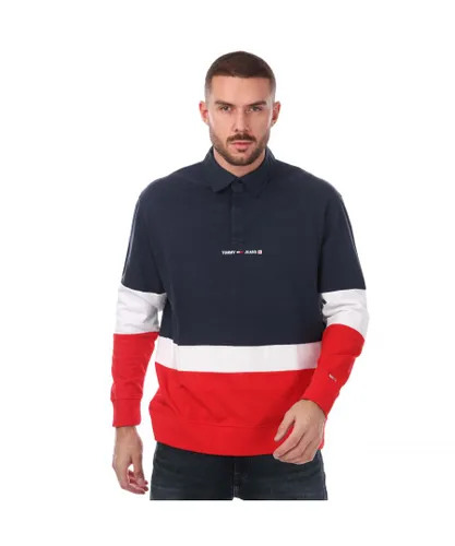 Tommy Hilfiger Mens Colour-Blocked LS Rugby Polo Shirt in Red Cotton