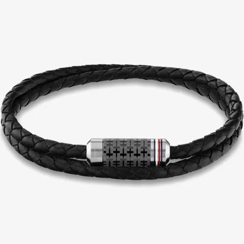 Tommy Hilfiger Mens Double Wrap Braided Black Leather Bracelet 2790327