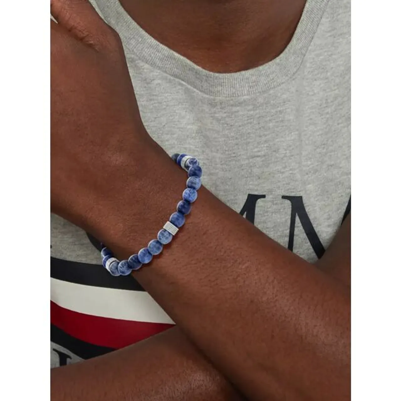 Tommy Hilfiger Men's Stone Beaded Bracelet, Silver/Blue - Silver/Blue - Male