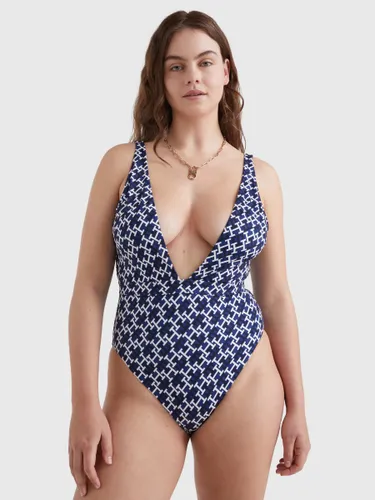 Tommy Hilfiger Plunge Monogram Swimsuit, Navy/White - Navy/White - Female