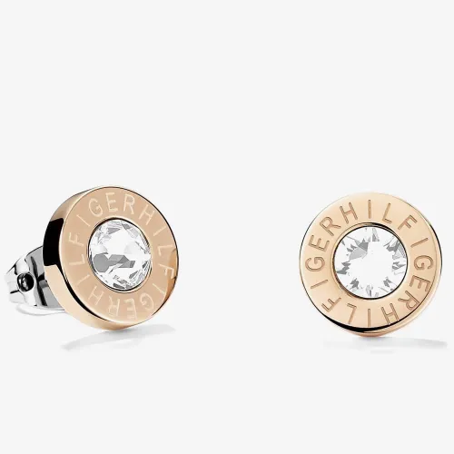 Tommy Hilfiger Rose Gold Plated Clear Crystal Round Logo Stud Earrings 2700752