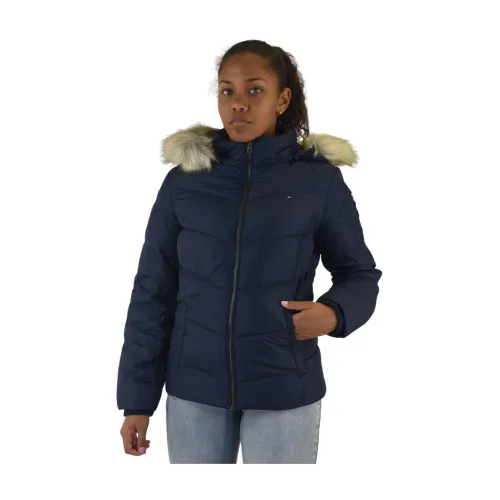 Tommy Hilfiger , Short jacket with full zip and fur hood ,Blue female, Sizes: