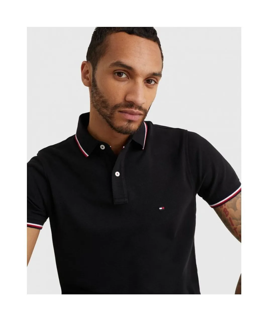 Tommy Hilfiger Slim Mens Tipped Polo - Black Cotton
