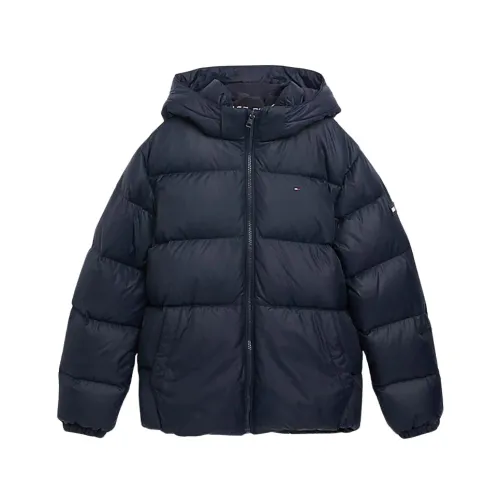 Tommy Hilfiger , Solid Color Puffer Jacket with Hood ,Black male, Sizes: