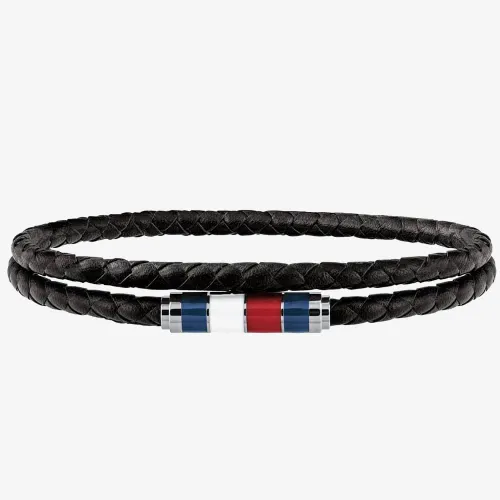 Tommy Hilfiger Stainless Steel Enamel Double Black Leather Bracelet 2790056