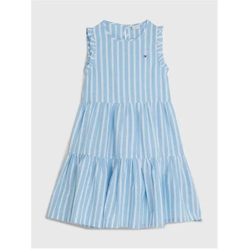 Tommy Hilfiger Striped Hemp Short Sleeve Ruffle Dress Juniors - Blue