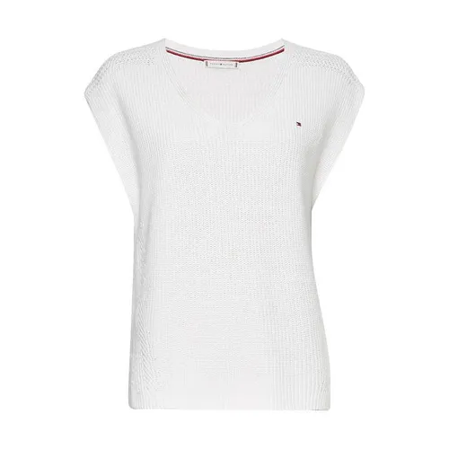 Tommy Hilfiger Textured V Neck Knitted Top - Cream