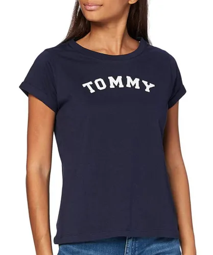 Tommy Hilfiger Womens UW0UW00675 Short Sleeve Logo Tee - Blue Cotton