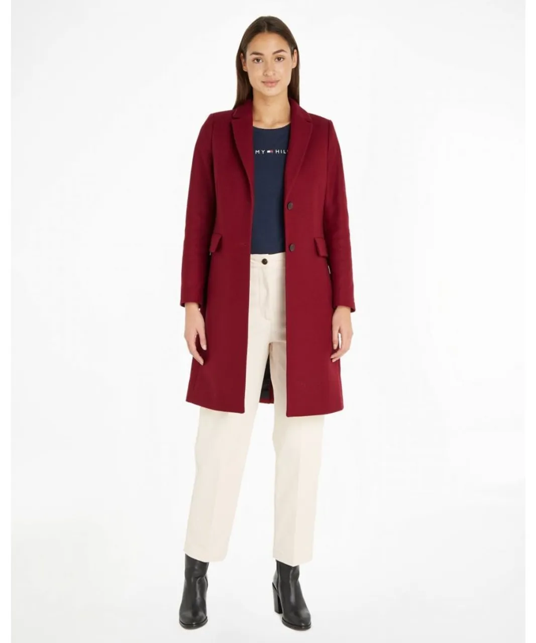 Tommy Hilfiger Wool Blend Womens Long Classic Jacket - Red
