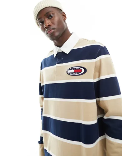 Tommy Jeans archive stripe rugby shirt in sand-Neutral