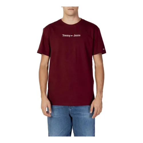 Tommy Jeans , Bordeaux Print T-Shirt for Men ,Red male, Sizes: