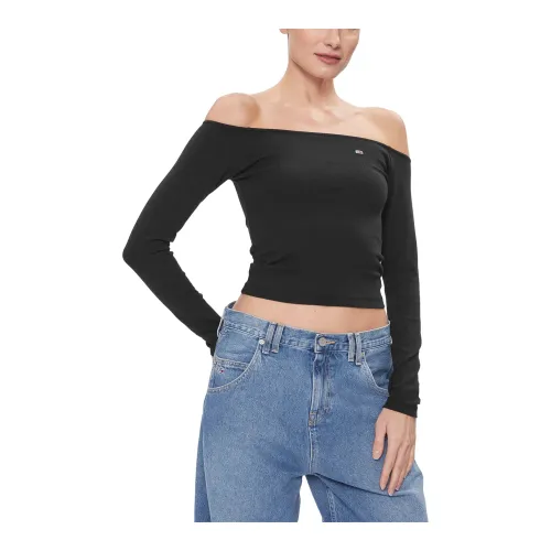 Tommy Jeans , Off Shoulder Long Sleeve T-Shirt ,Black female, Sizes: