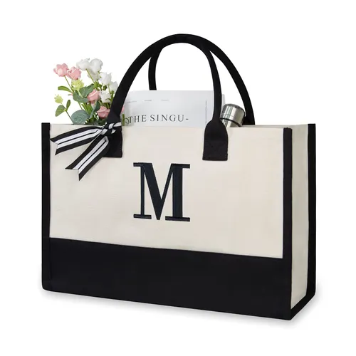 TOPDesign Embroidery Initial Canvas Tote Bag