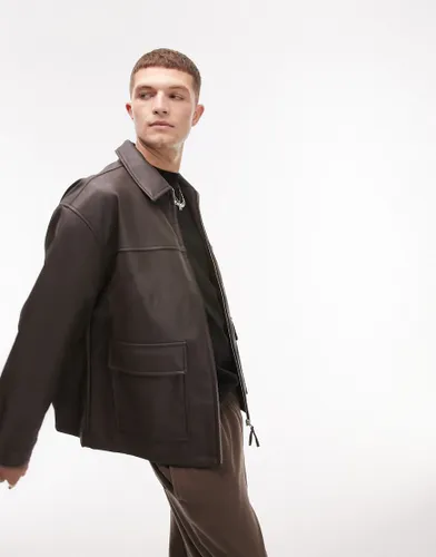 Topman faux leather oversized jacket in brown