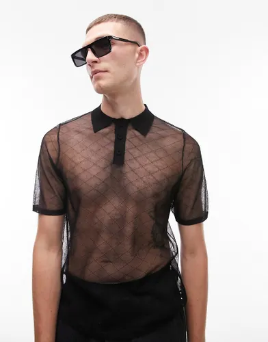 Topman knitted sheer polo with diamond in black