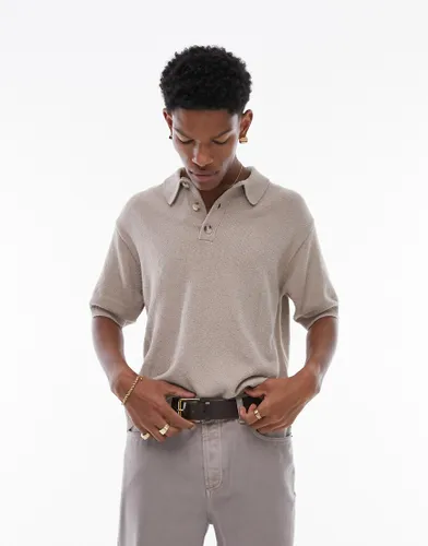 Topman knitted textured polo in stone-Neutral