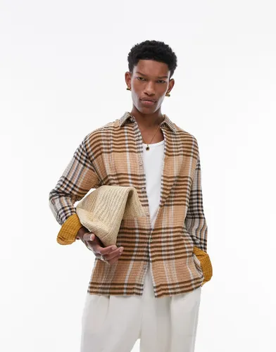Topman long sleeve relaxed textured checked shirt in orange and black check-Multi