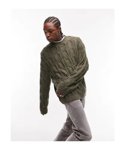 Topman Mens knitted crew neck with enlarged cable knit in khaki-Green