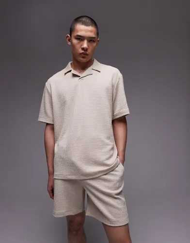 Topman oversized fit revere polo with crinkle plisse texture in stone-White