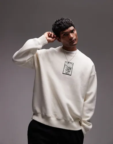 Topman oversized fit sweatshirt with cosmic hand print it ecru-Neutral