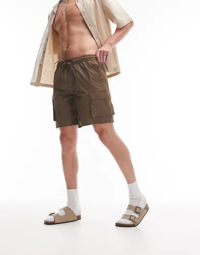 Topman skinny cargo swim shorts in brown