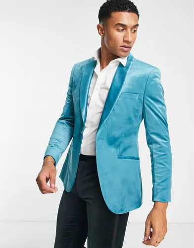 Topman skinny velvet blazer in blue