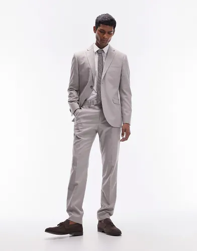 Topman slim linen suit trouser in stone-Neutral