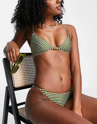 Topshop clasp front stripe triangle bikini top in khaki-Green