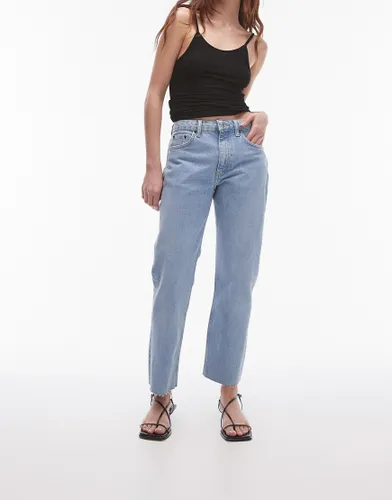 Topshop cropped mid rise straight jeans with raw hems in bleach-Blue