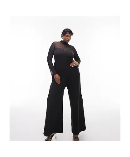 Topshop Curve Womens mesh bra detail wide leg jumpsuit in black