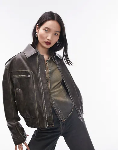 Topshop faux leather cropped collar bomber jacket in washed black