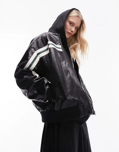 Topshop faux leather stripe bomber in black