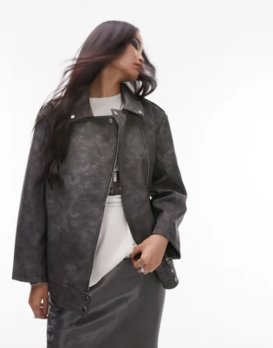 Topshop faux leather washed look easy oversized biker jacket in grey