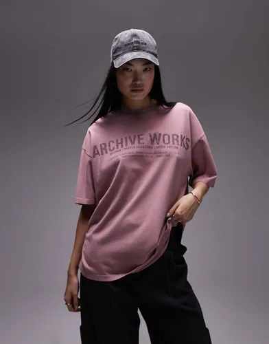 Topshop graphic archive works oversized tee in dusty pink